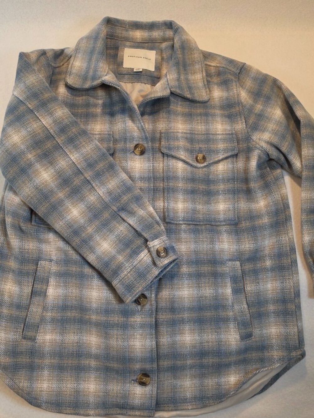 American Eagle Blue Plaid Button Up Shacket Size Medium